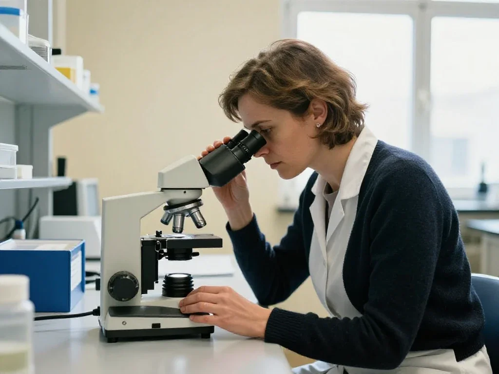 Chercheuse française analysant un échantillon au microscope dans un laboratoire scientifique moderne.