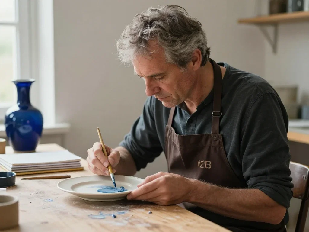 Homme mûr peignant une céramique dans son atelier pour illustrer ses activités de loisirs.