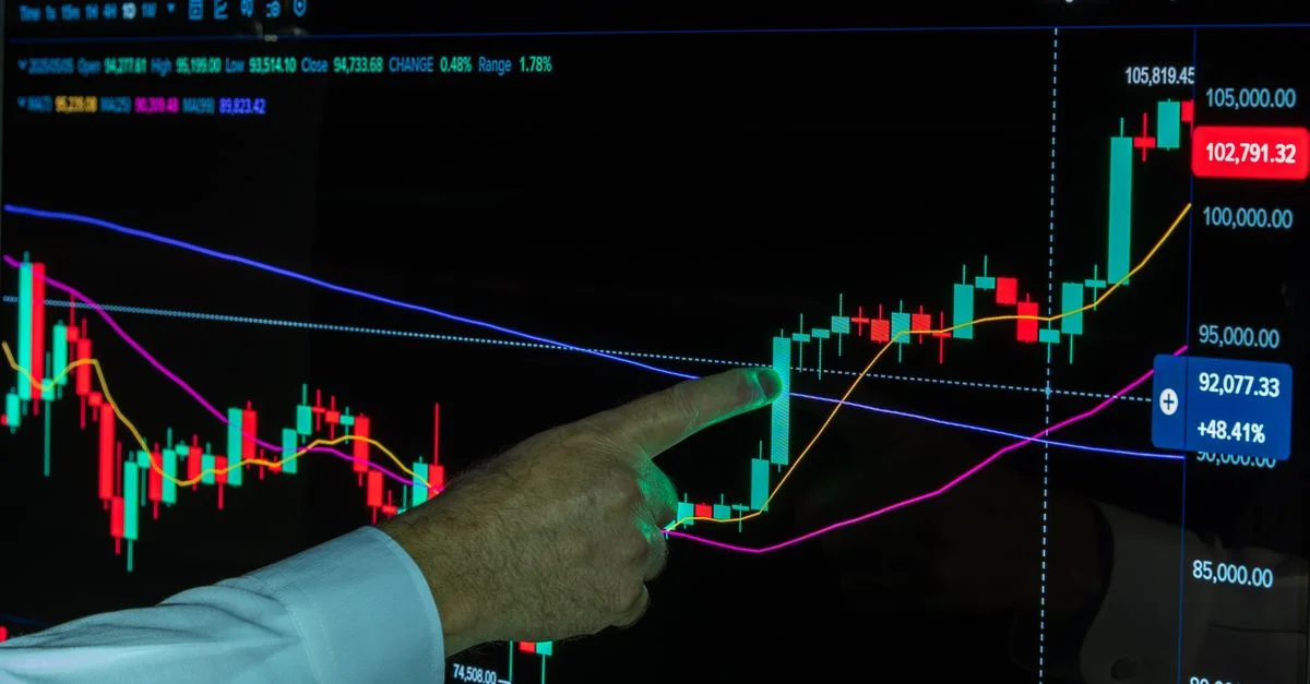 Une main désigne des graphiques financiers sur un écran, indiquant les tendances et l'analyse du marché.